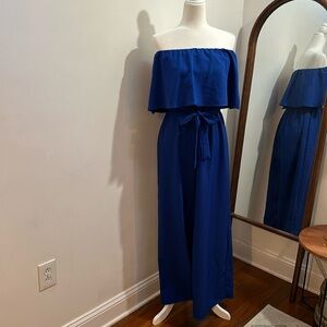 Cobalt blue ruffled tie waist pant suit romper jumpsuit sleeveless Medium pants
